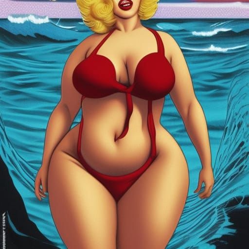 Curvy Woman in Red Swimsuit, Comic Book Art