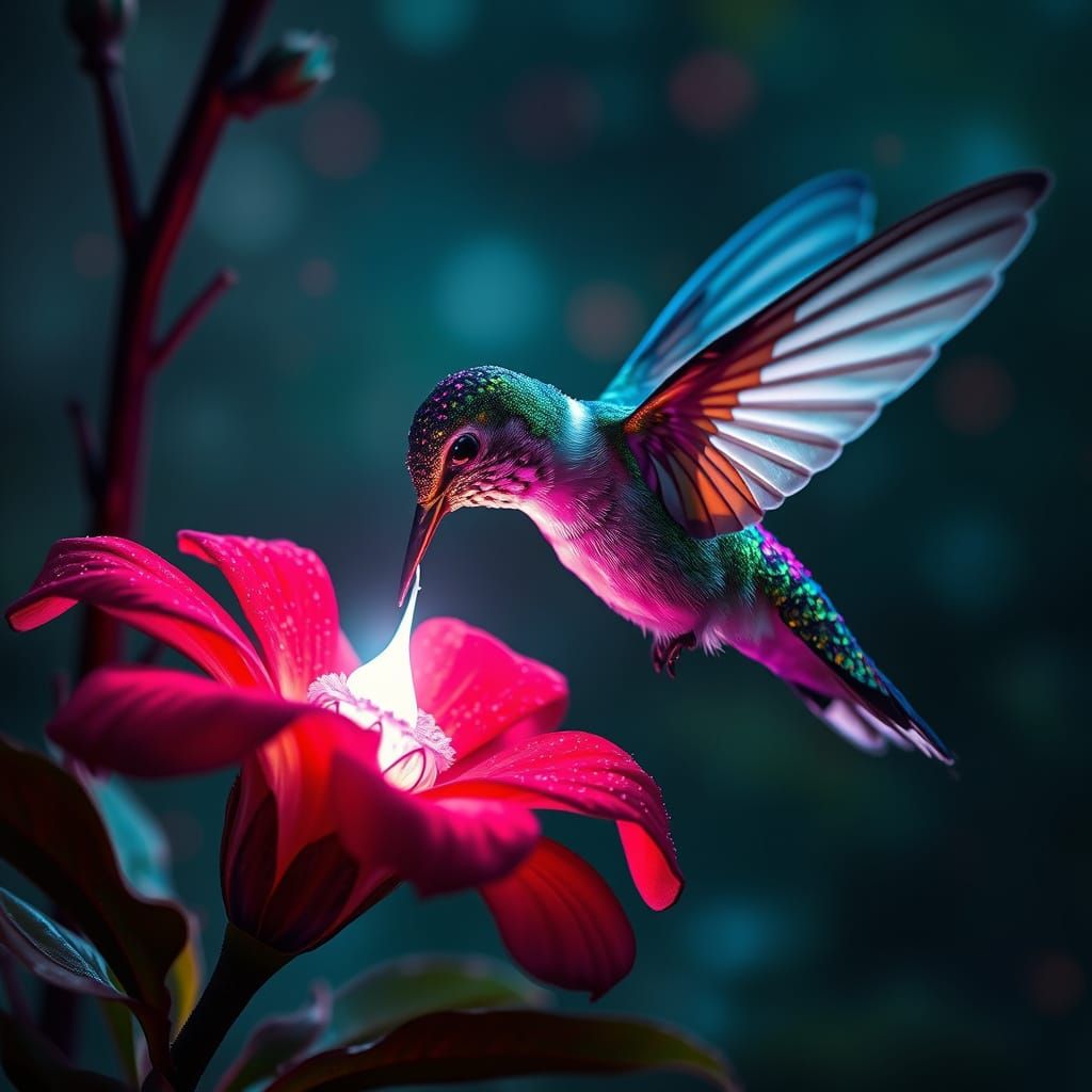 Spectral Hummingbird in a Radiant, Dreamlike Landscape
