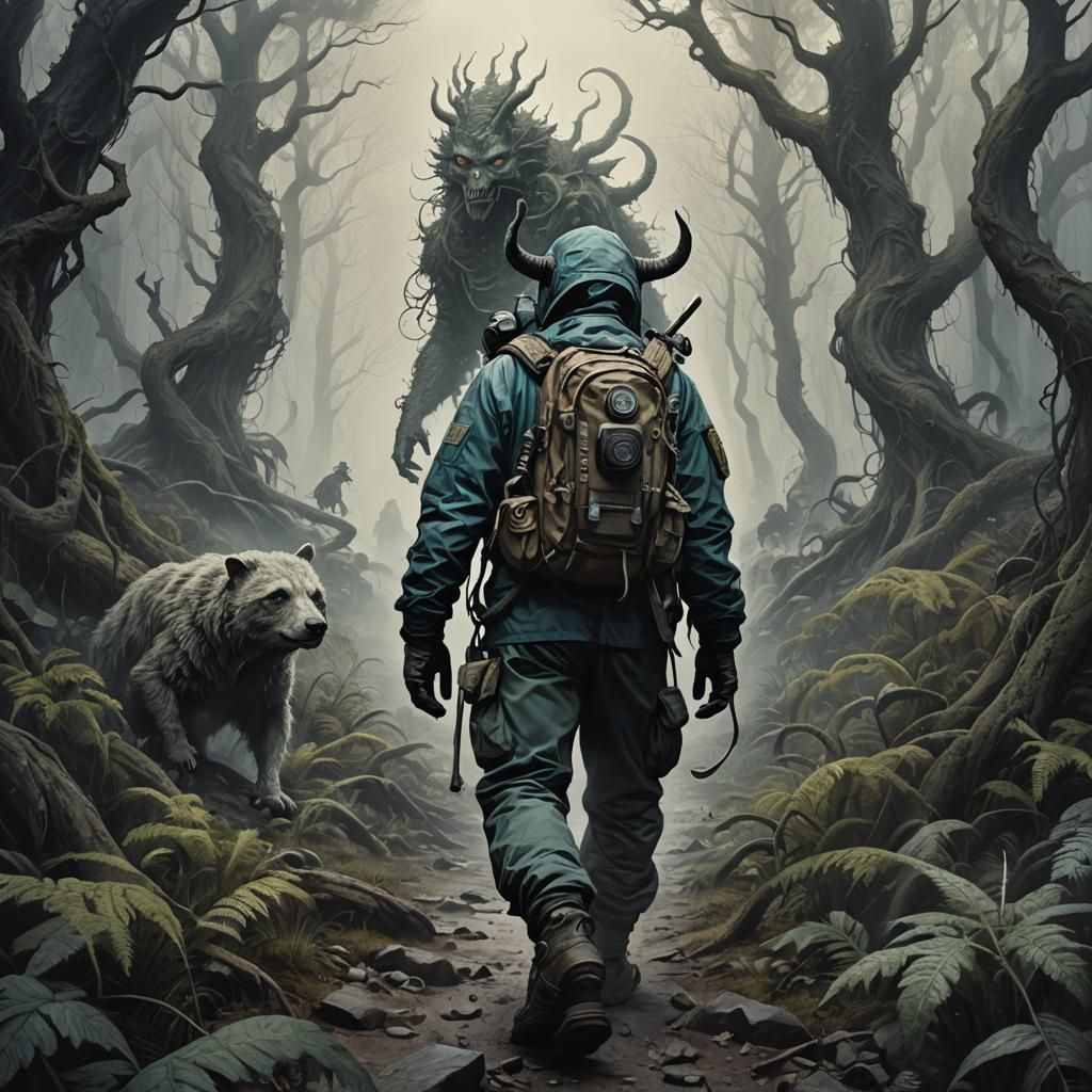 A hiker in the style of dystopian fantasies, otherworldly illustrations...