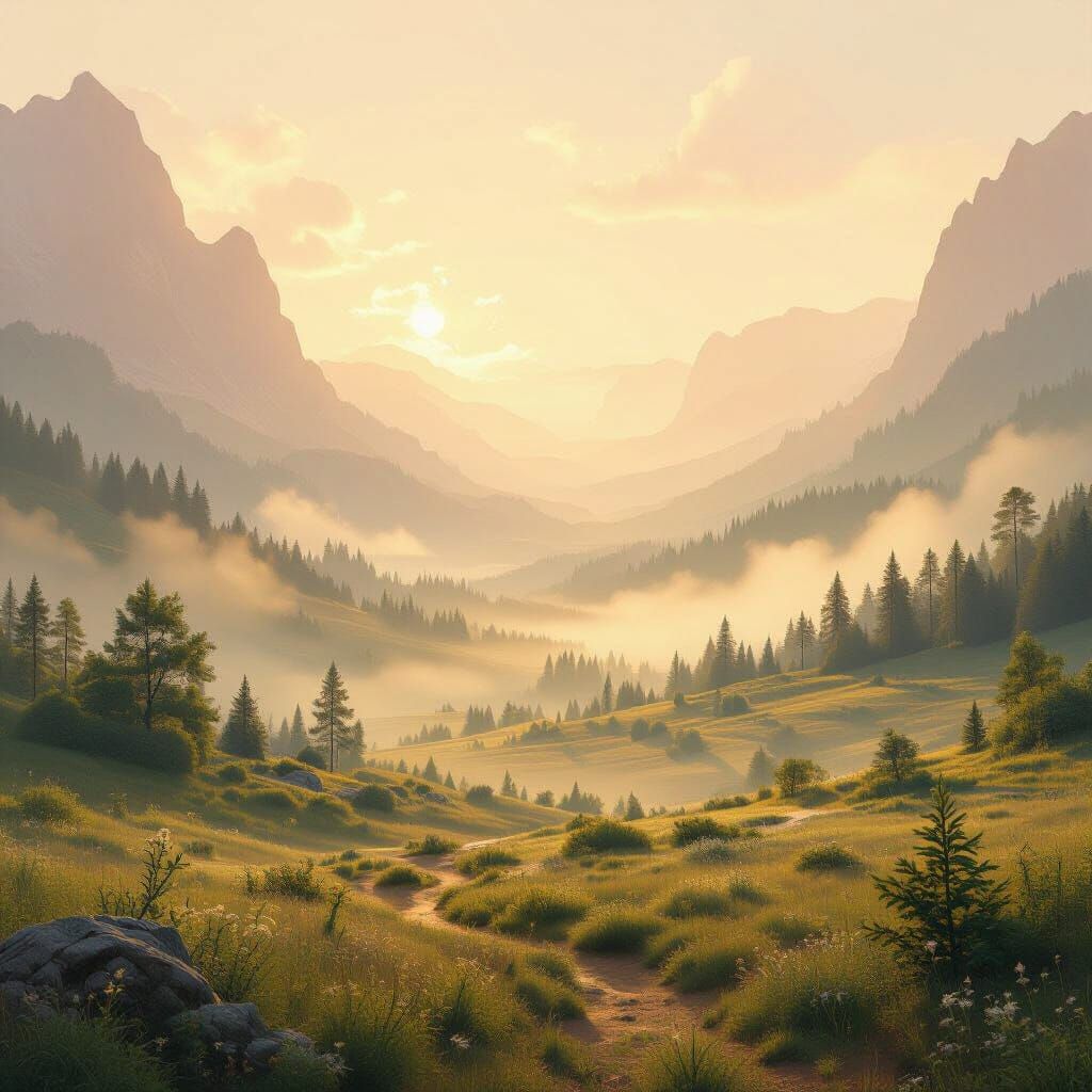 Ethereal Valley Bathed in Golden Light