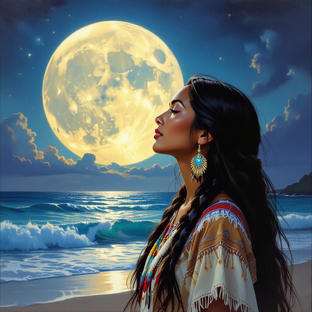 Native American Woman Gazes at Moonlit Hawaiian Coast