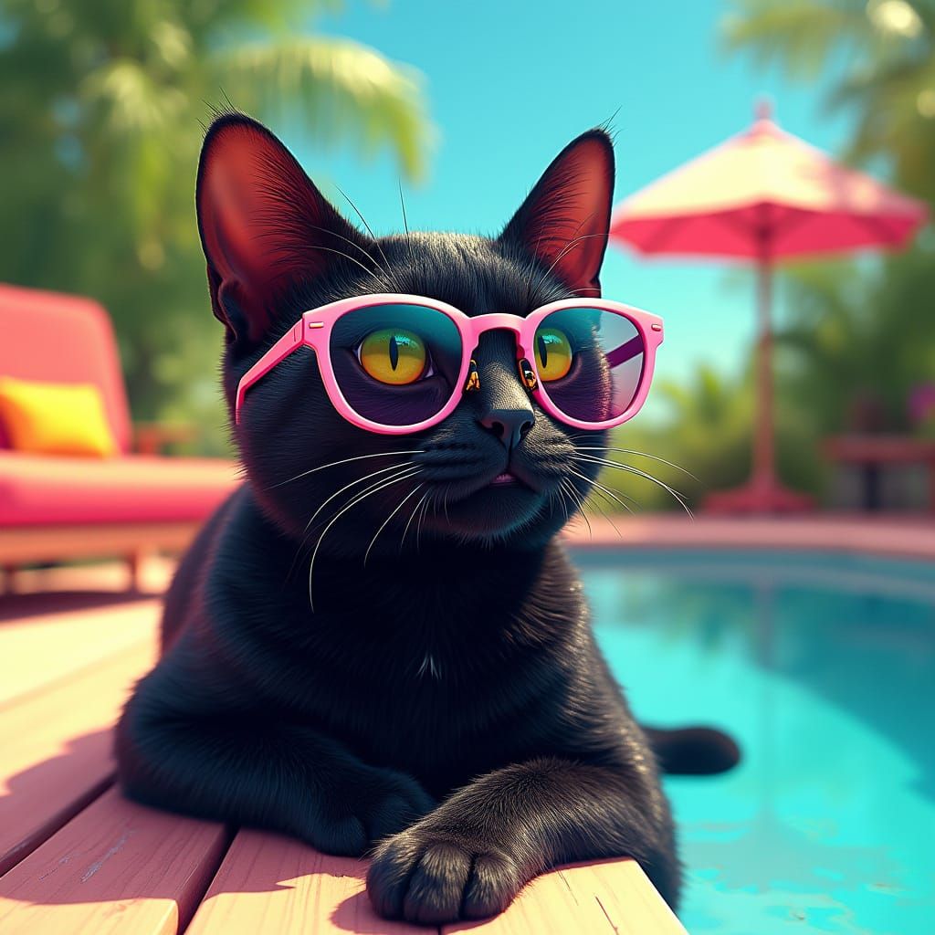 Cool Cat Soaks Up the Sun by the Pool