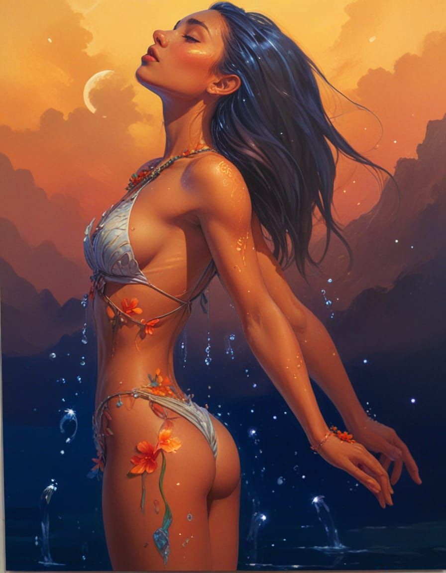 Hula Dancer Emerges From Water Under Full Moon