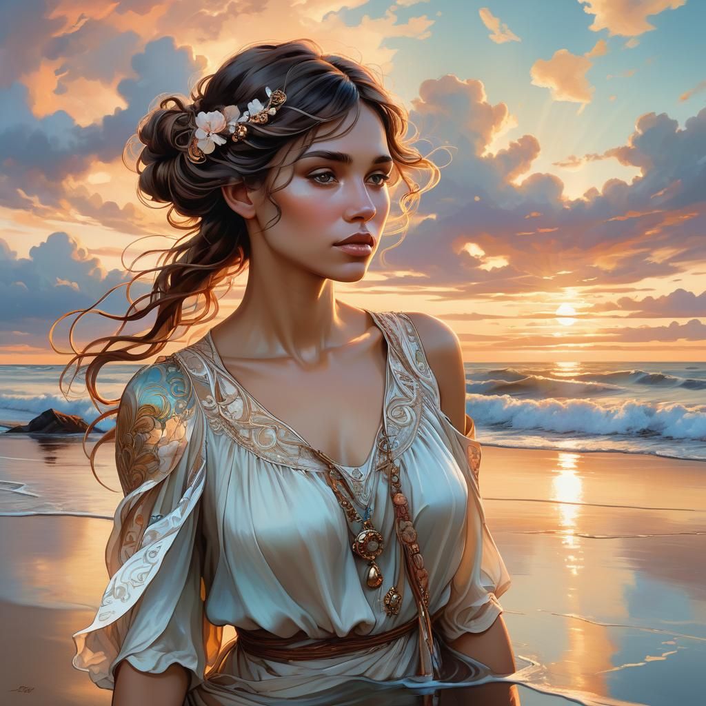 Woman on Beach with Guardian Angels: Art Nouveau Style