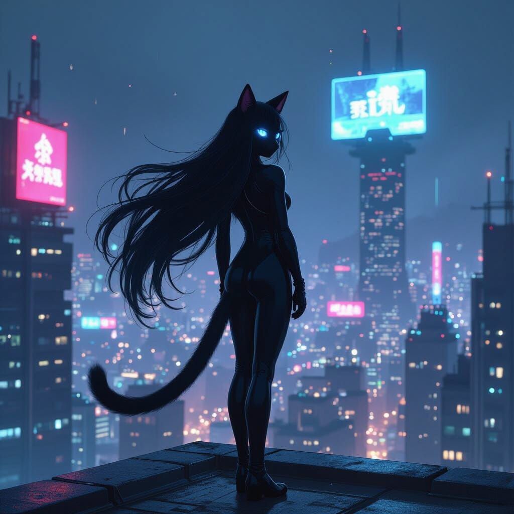 Cyberpunk Catgirl Overlooking Neon Cityscape