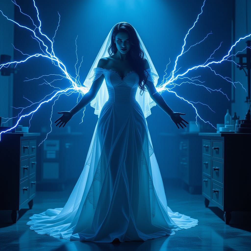 Frankenstein Bride Animated by Electricity in Dramatic Lab