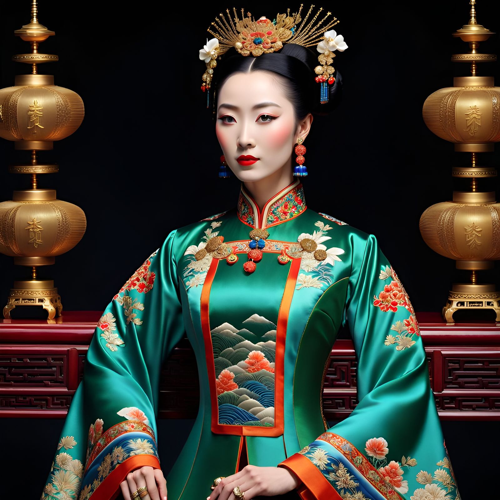 Qing Dynasty Noblewoman in Embroidered Dress