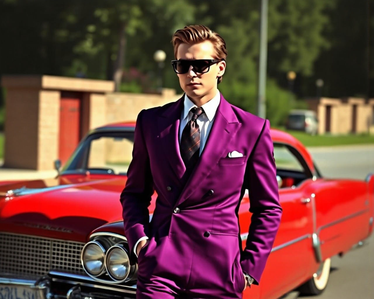 1950s Supervillain in Purple Suit by Red Car