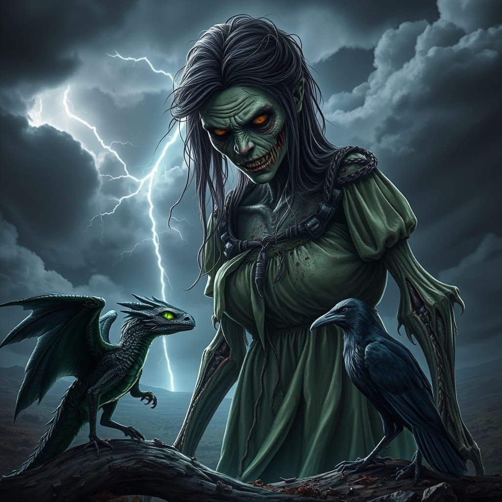 An unusually large, towering female zombie, her dress tattered and stained, hair tangled and hanging in patches, gazes d...