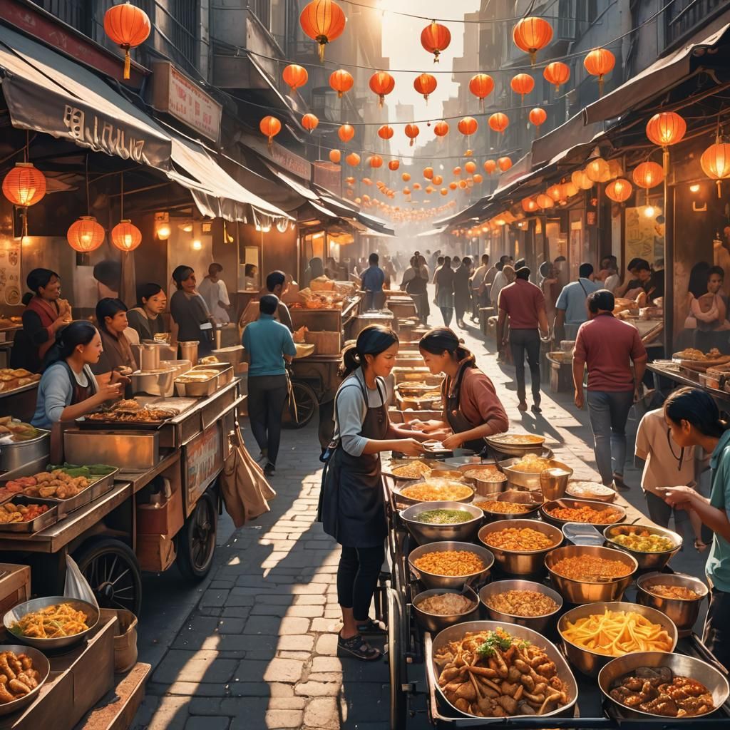 Girl Enjoys Vibrant Street Food in Bustling Market