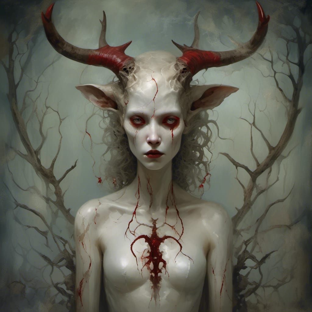 Surreal Bone Horned Woman with Visible Brain