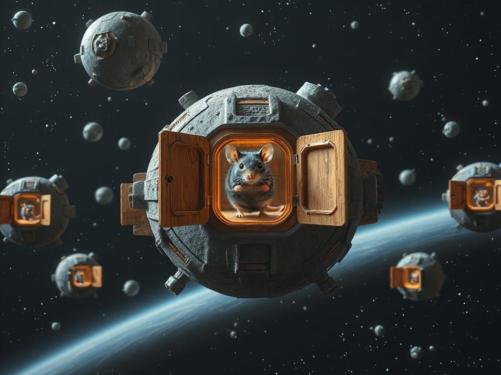 Futuristic Cyber-Mouse Soaring Through Asteroid Doors