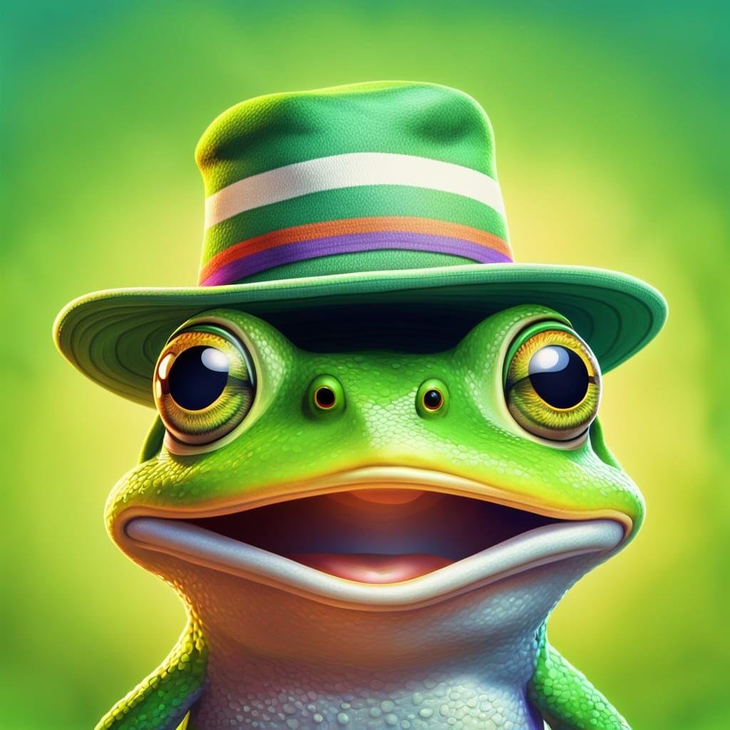 Surprised Cartoon Frog in Striped Hat