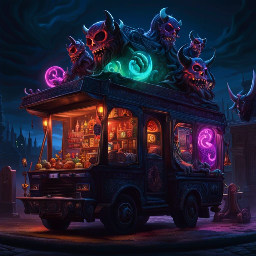 Floating Demon Shop Truck in Graveyard, Hyperrealistic Art