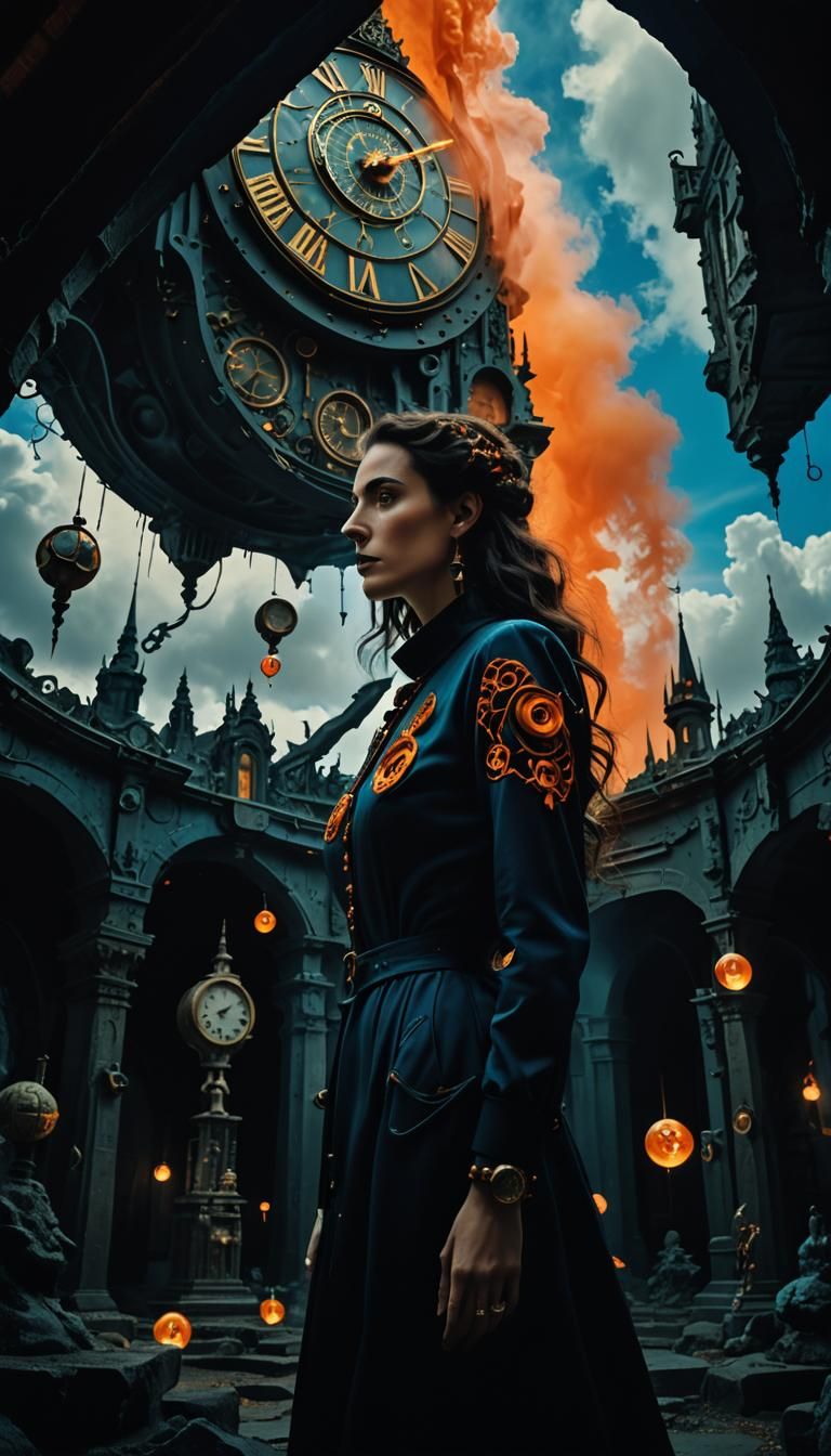 Surrealist Woman in Eerie Landscape with Floating Symbols