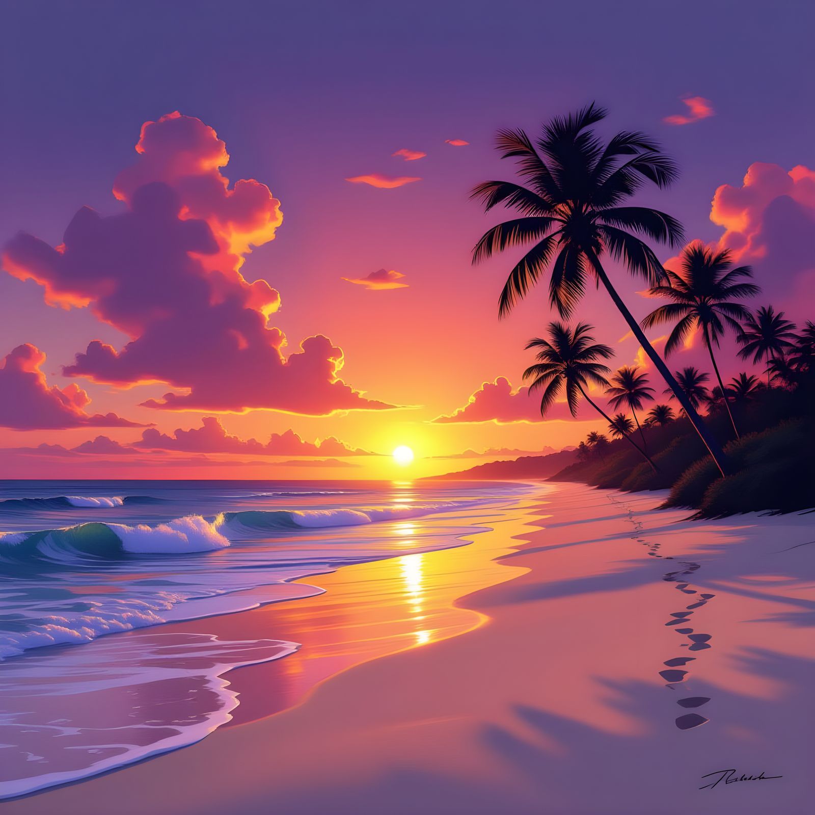 Tropical Beach Sunset in Photorealistic Airbrush Style