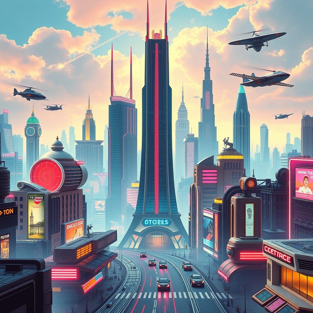 Retro-Futuristic Cityscape with Antiques in a 2025 Metropoli...