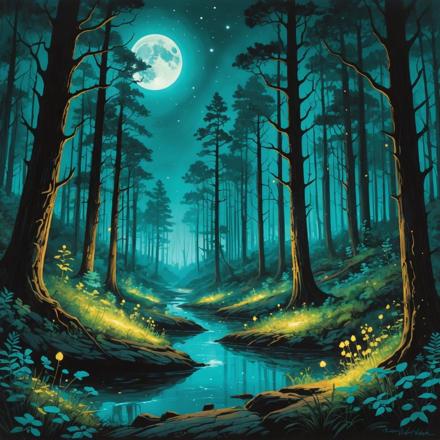 Bioluminescent Forest with Dancing Pixies and Fireflies