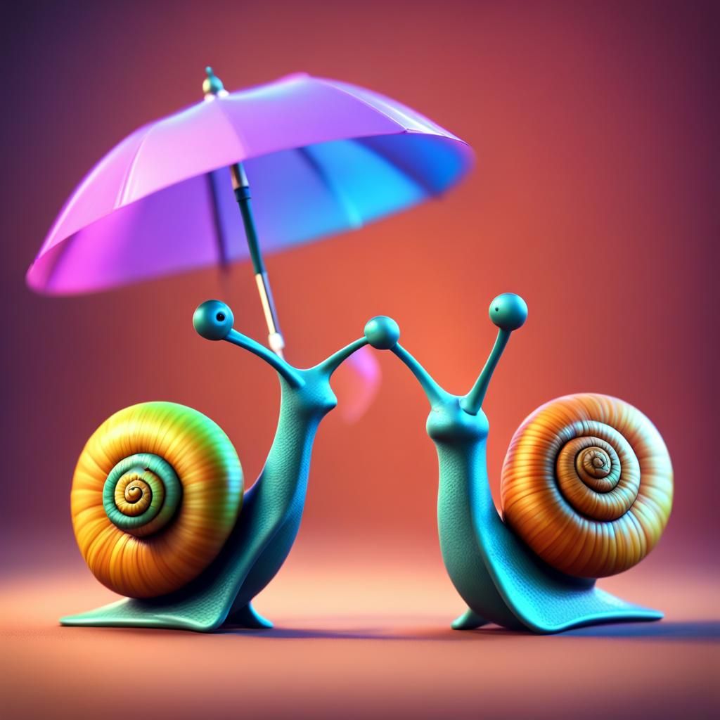 Snail Couple Under Umbrella: Pixar-Style 3D Art