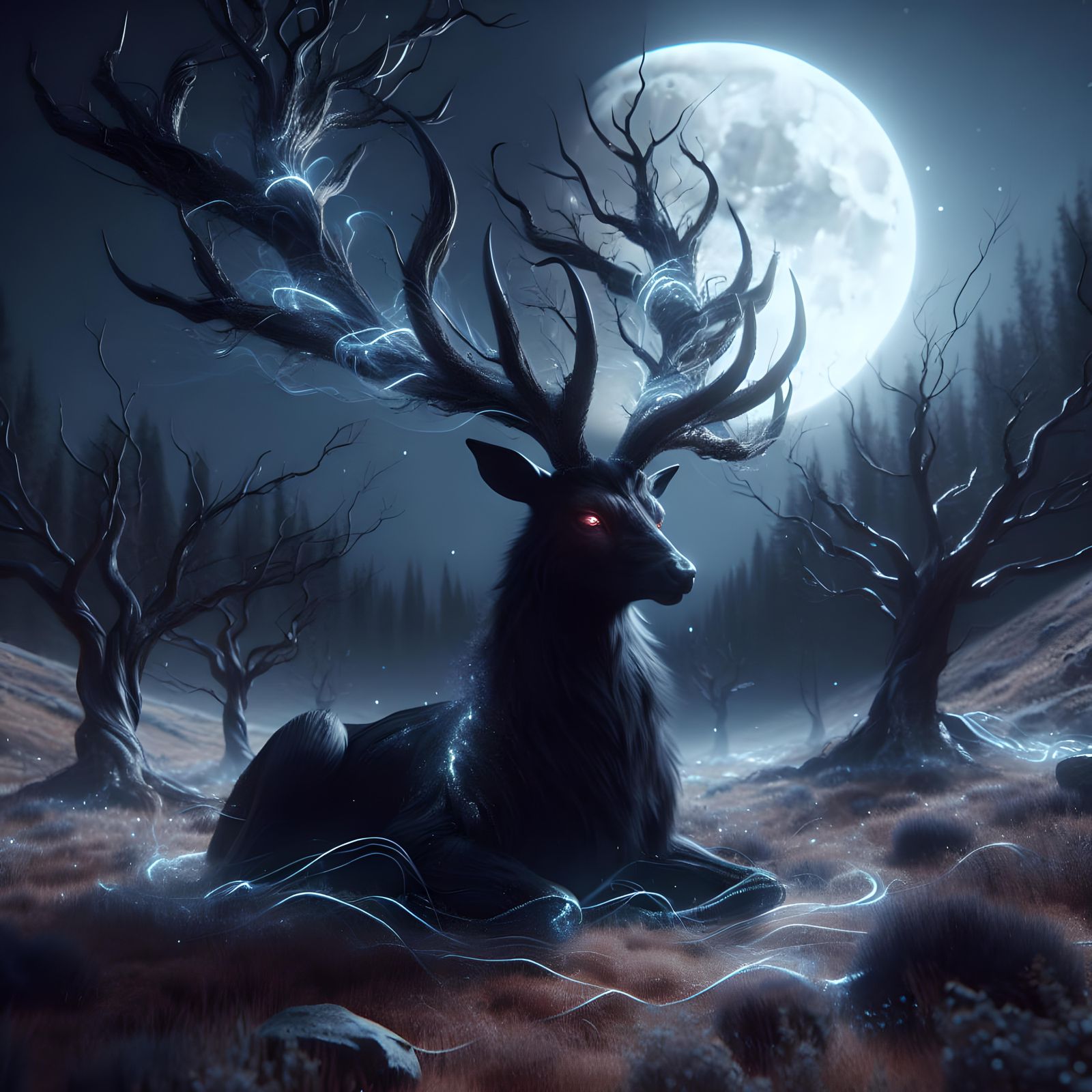 Ethereal Black Stag in Moonlit Glade
