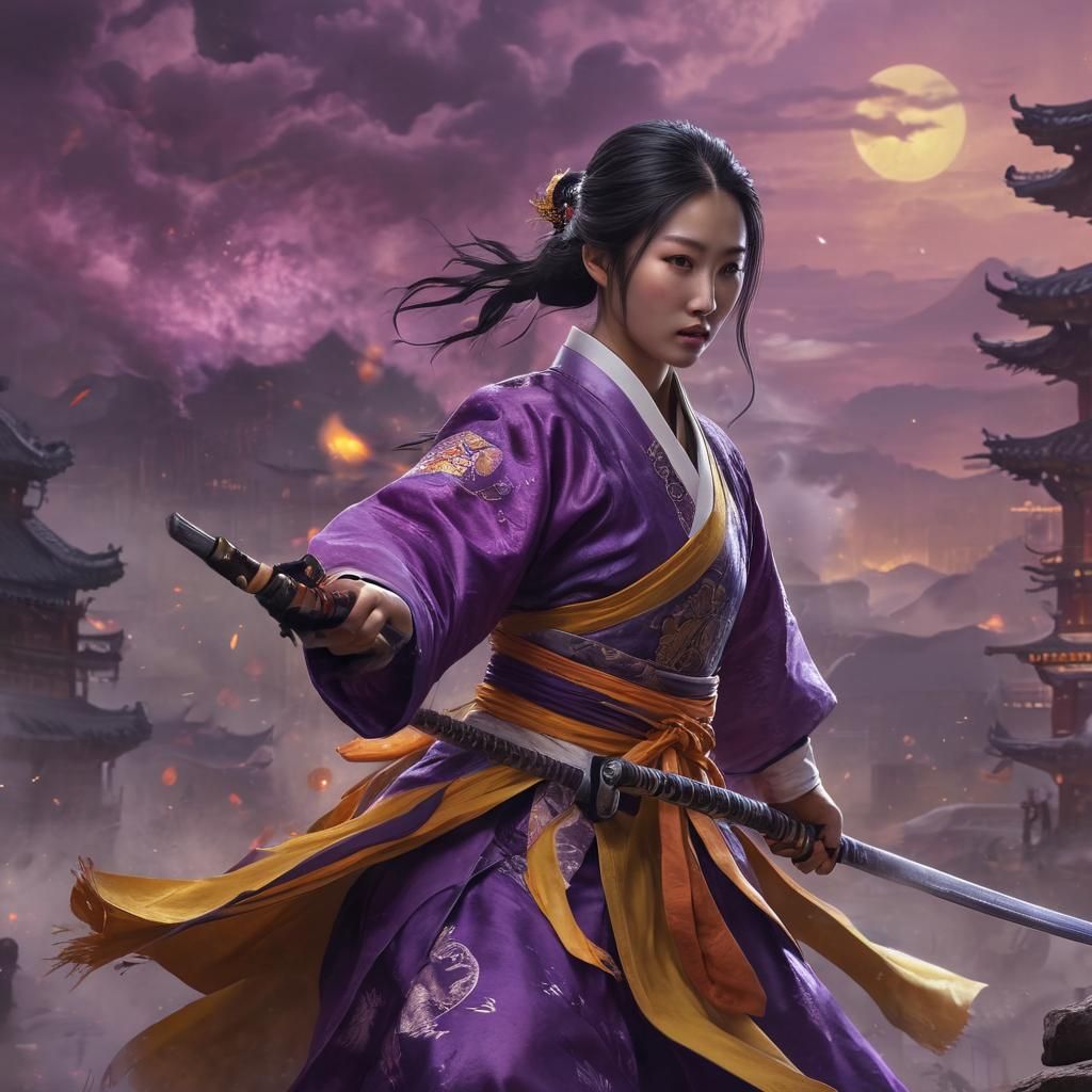 Ethereal Korean Lady Warrior Battles Fiery Monster