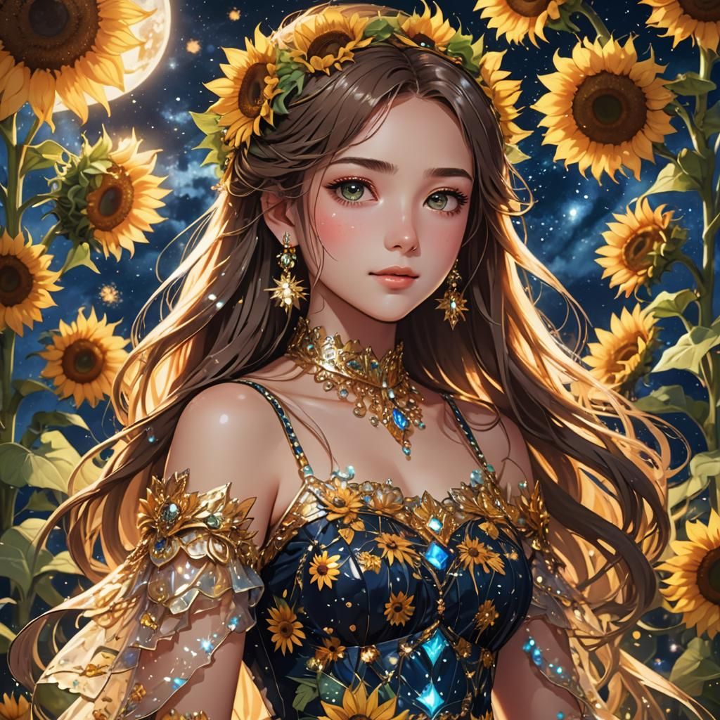 Princess with Sunflower Jewelry in Anime Style