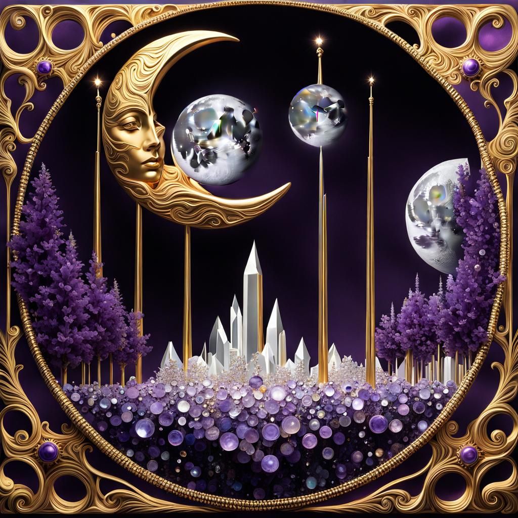 Surreal Crystal Creation with Moon and Sun