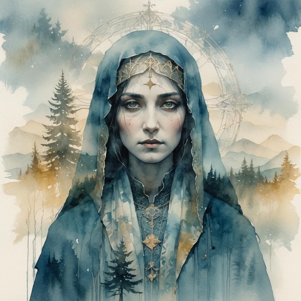 Gothic Watercolor of Maria of Jesus in Double Exposure