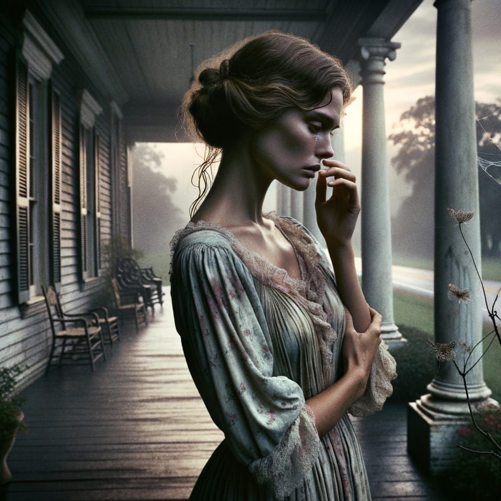 Woman Wipes Tear on Mansion Porch at Dawn