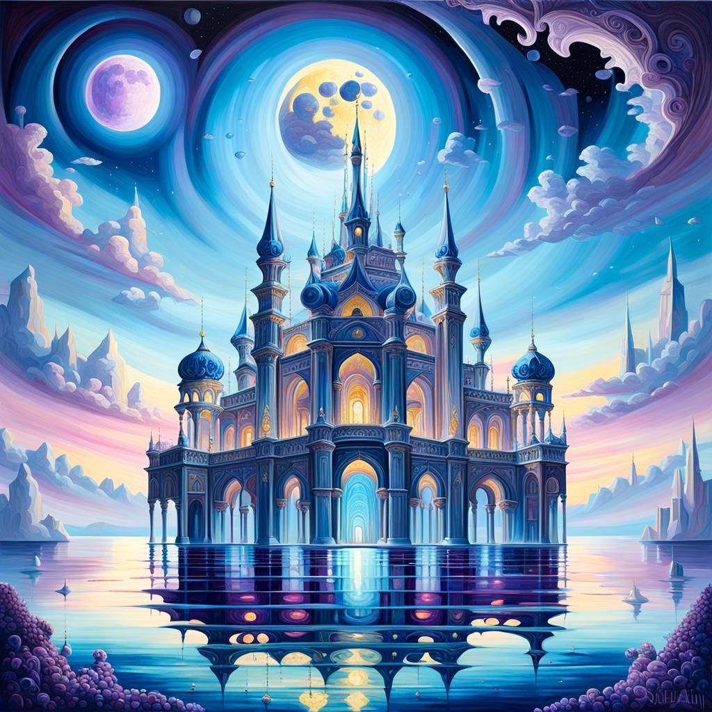 Ethereal Palace Above Celestial Ocean: Oil Painting