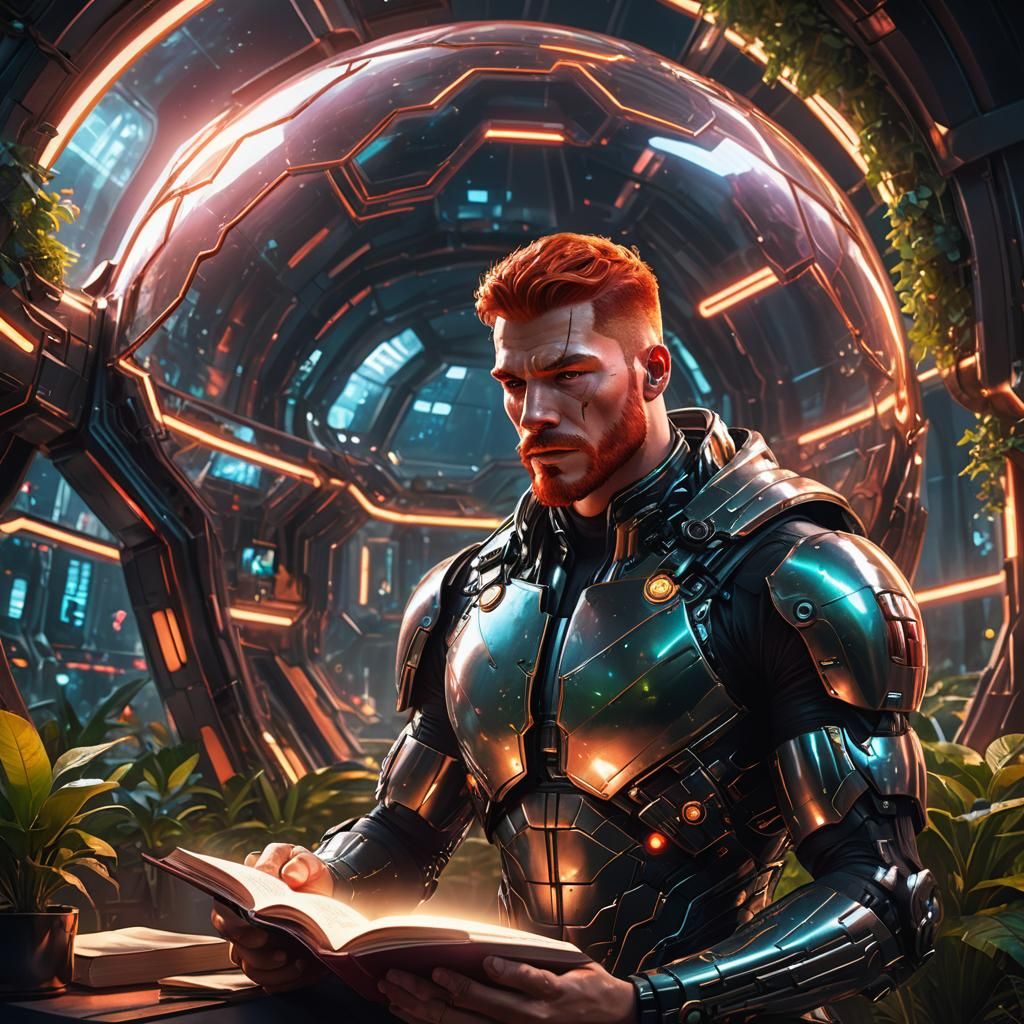 Cyborg Reader in Futuristic Dome: Digital Art