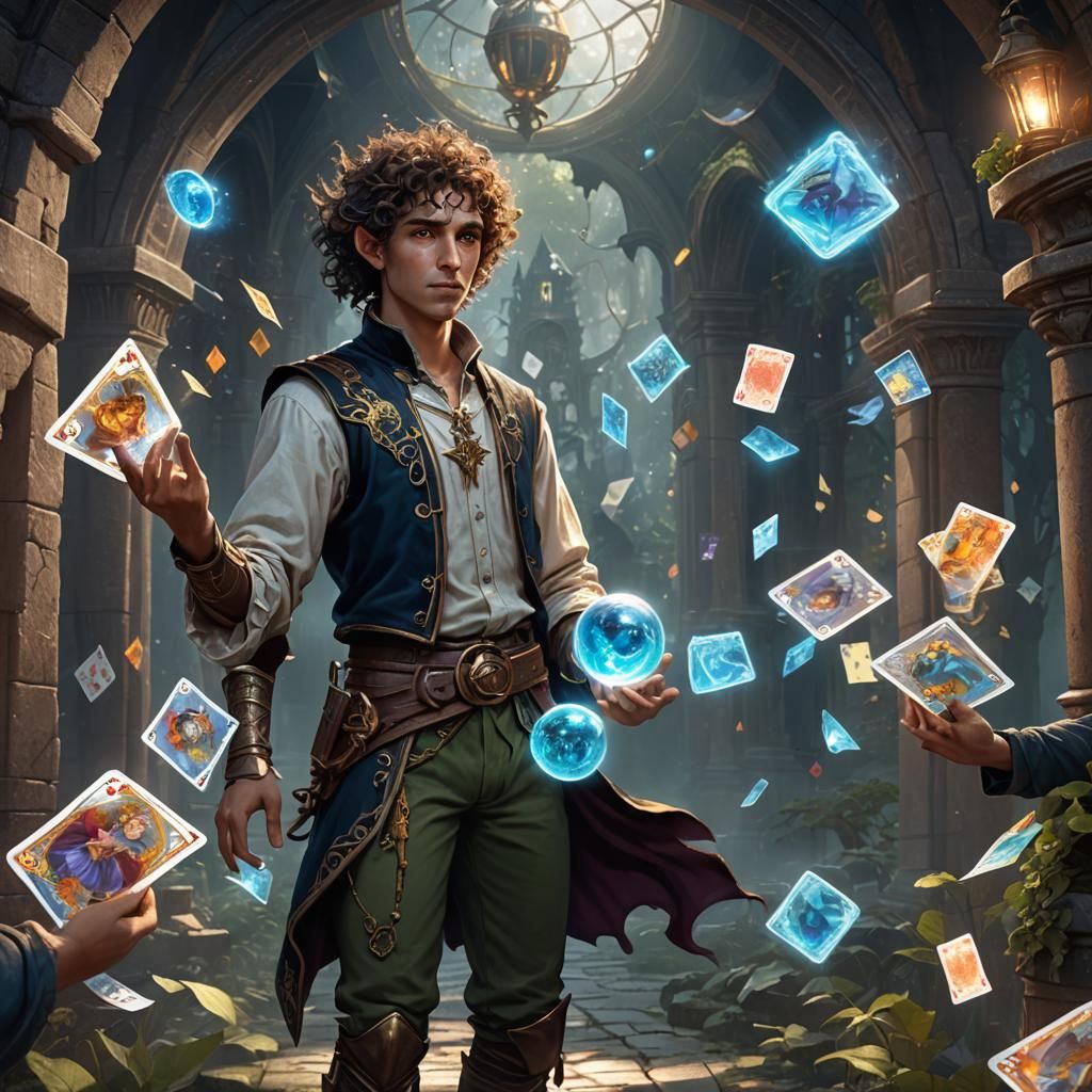 Half-Elf and Ghost with Magic Cards, Fantasy Art