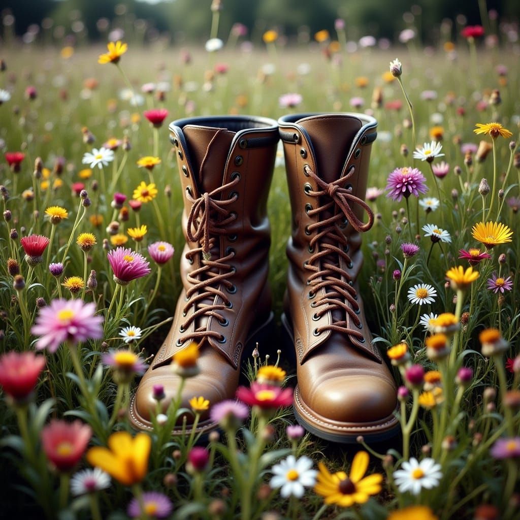 Whimsical Wildflowers Fill Work Boots in Enchanted Landscape
