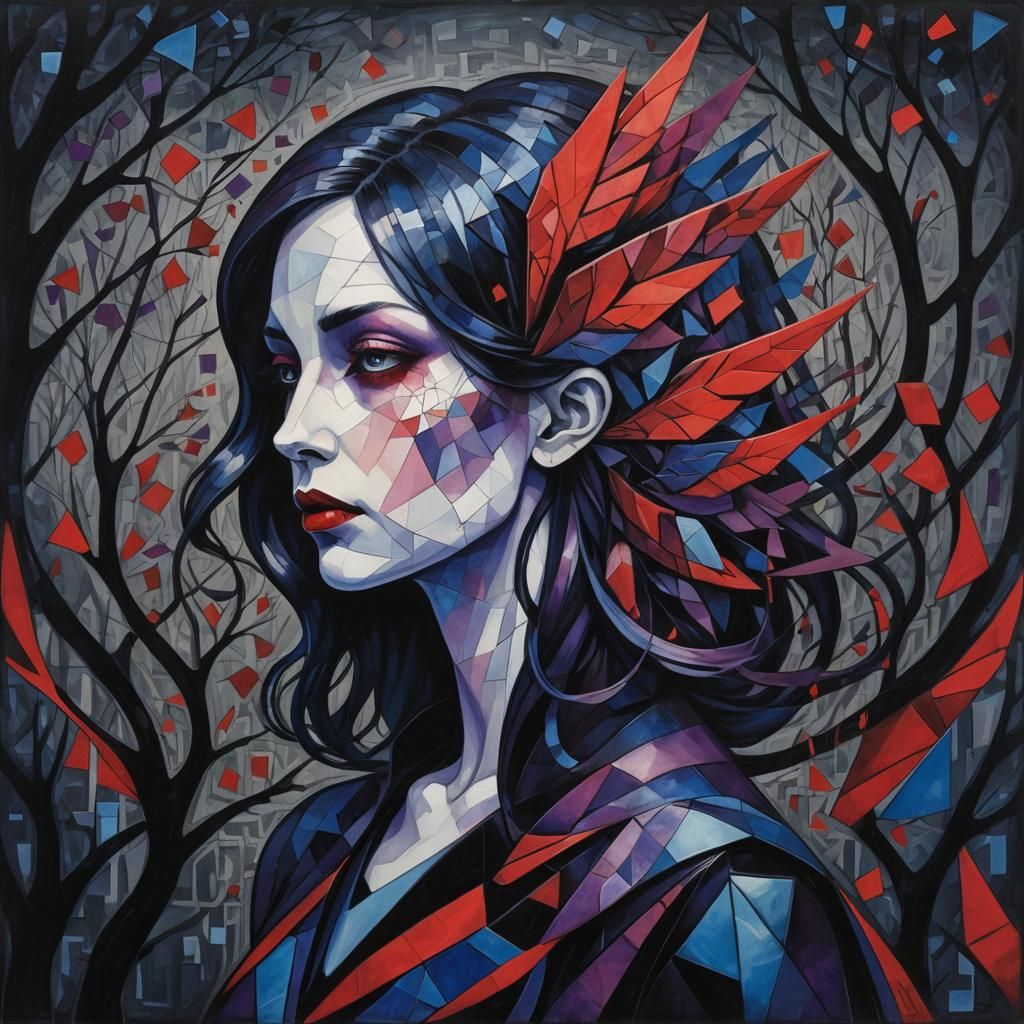 Cubist Woman with Geometry Wings in Goth Style