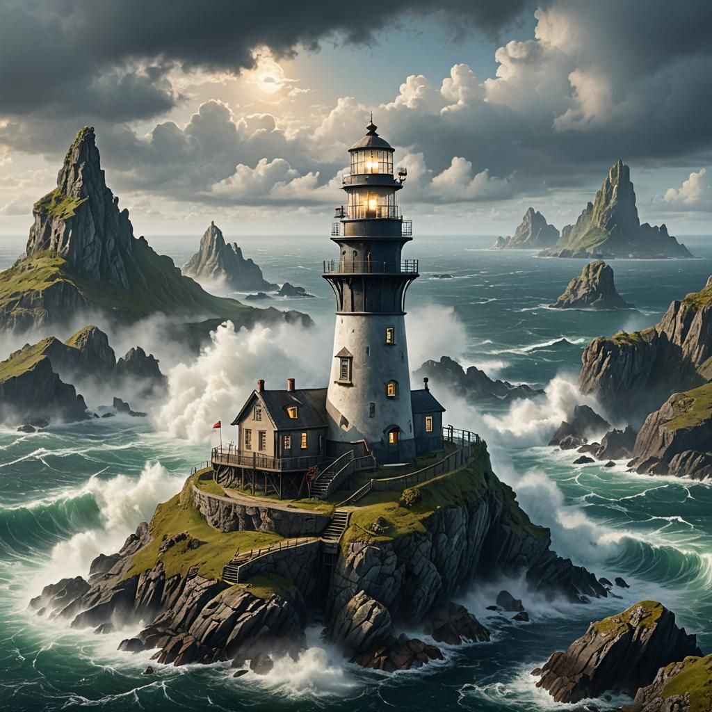 Hyperrealistic Lighthouse on Island in Epic Fantasy Mist