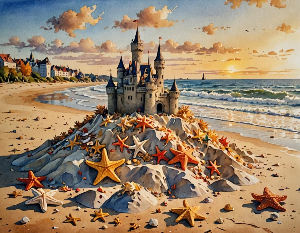 Autumn Beach Sandcastle in Post-Impressionism Style