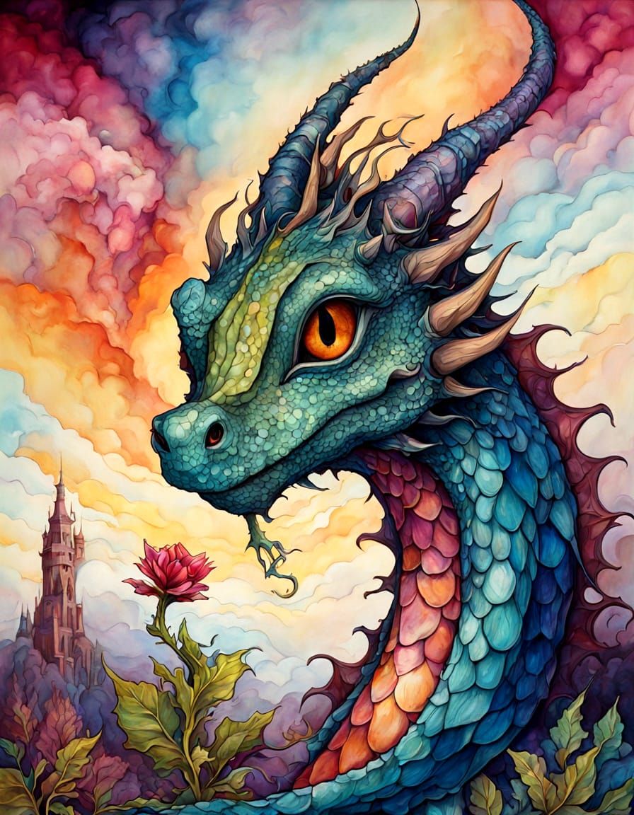 Whimsical Dragon Plants Glowing Sapling in Surreal Landscape