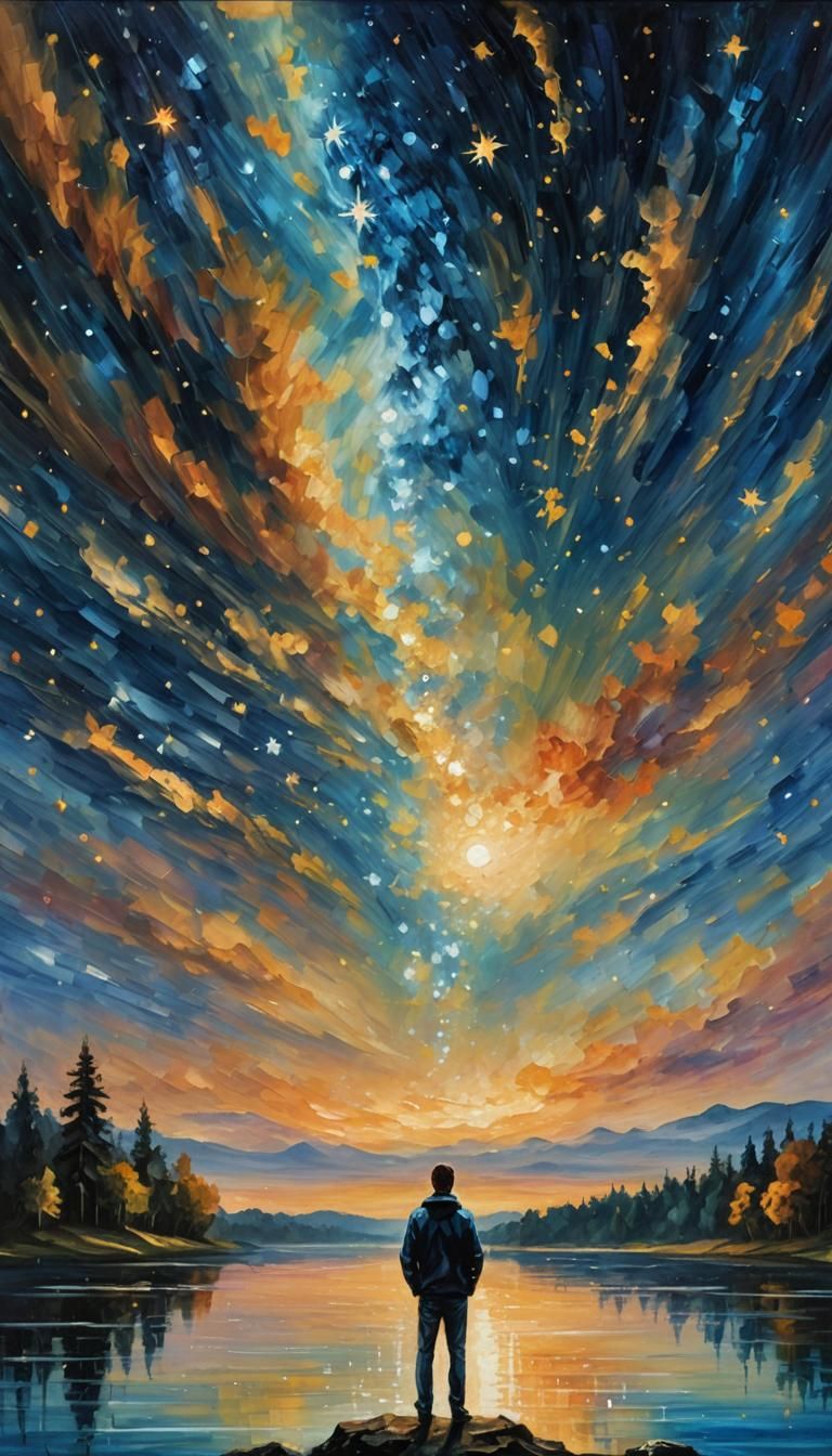 Starry Night Impressionist Painting with Golden Moonlight