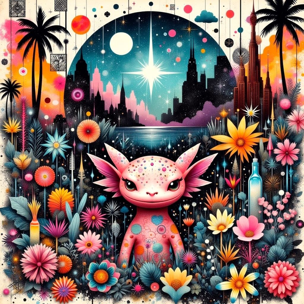 Axolotl Scene in Whimsical Collage Style