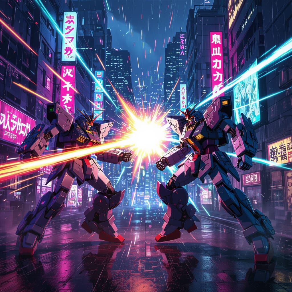Cyberpunk Mech Battle in Neon City Anime Style