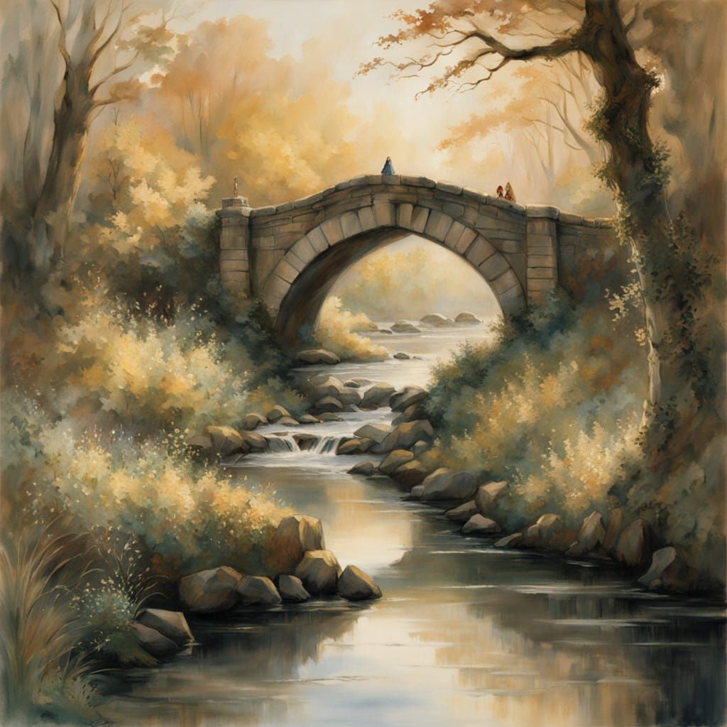 Ethereal Countryside Scene with Ancient Stone Bridge