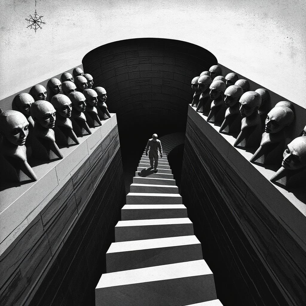 Infinite Staircase with Faceless Figure in Surreal Style