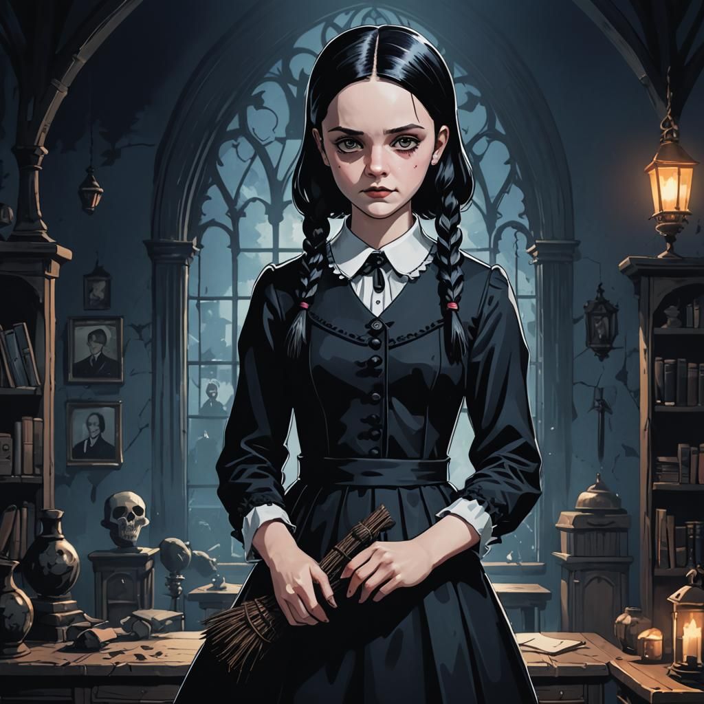 Wednesday Addams in Goth Dress: Anime Style