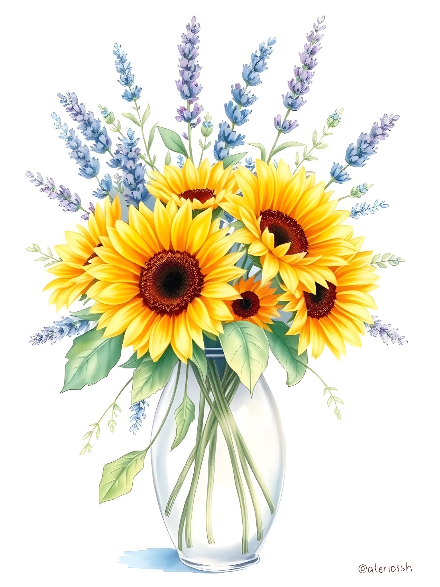Vibrant Watercolor Sunflower Bouquet with Lavender