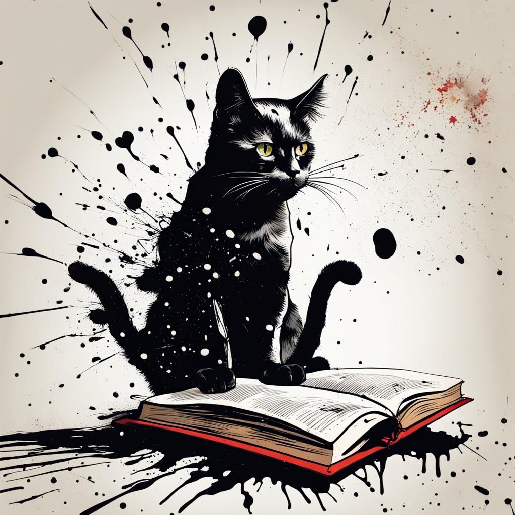 Ink Splatter Reader Cat in Comic Book Style