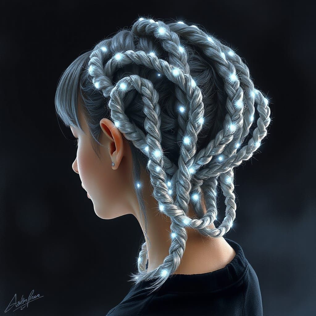 Elaborate Braids with Silver Threads and LED Lights