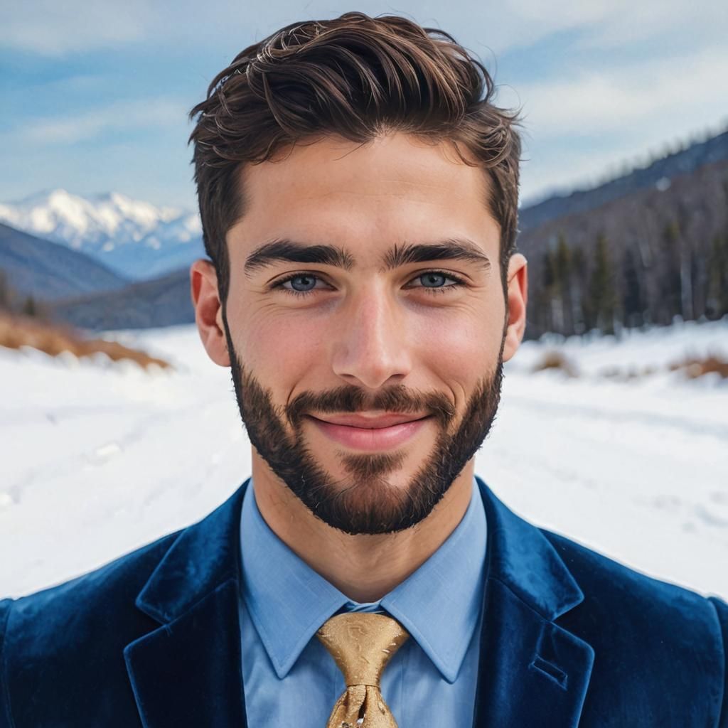 Velvet Suit in Snowy Mountains, Impressionist Oil Painting