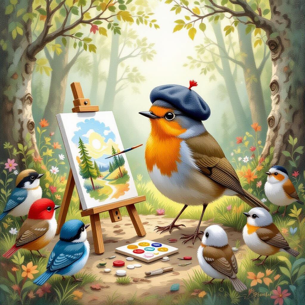 Robin Artist Displaying Painting to Bird Friends