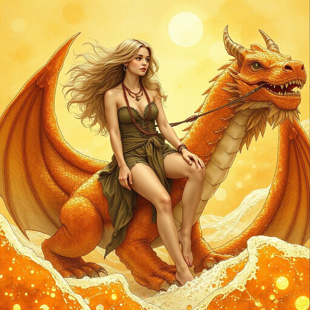 Woman on Gummy Dragon in Effervescent Soda Sea