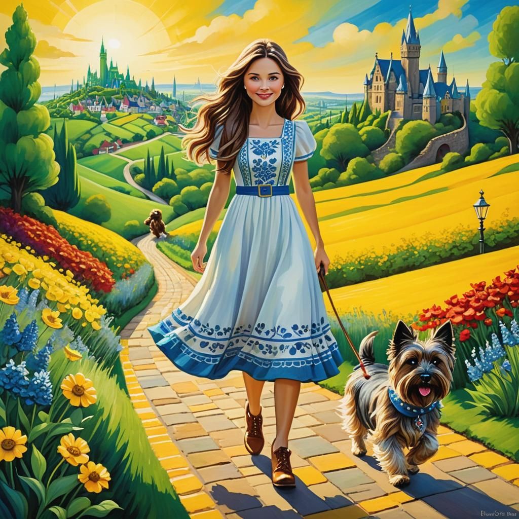 Girl and Dog on Yellow Brick Road
